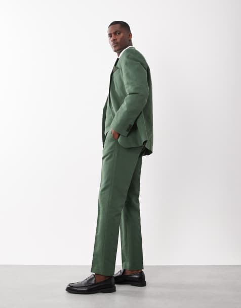 ASOS DESIGN - Pantaloni da abito slim in twill di misto lino verde scuro - view 1