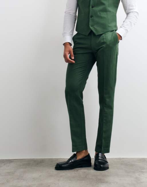 ASOS DESIGN - Pantaloni da abito slim in twill di misto lino verde scuro, 2 di 5