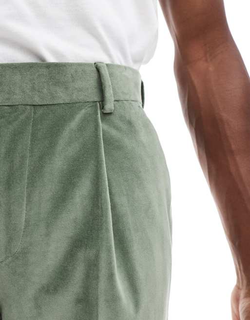 ASOS DESIGN - Pantaloni da abito slim in velluto di cotone verde salvia con pieghe sul davanti, 3 di 5