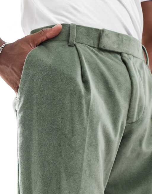 ASOS DESIGN - Pantaloni da abito slim in velluto di cotone verde salvia con pieghe sul davanti, 4 di 5