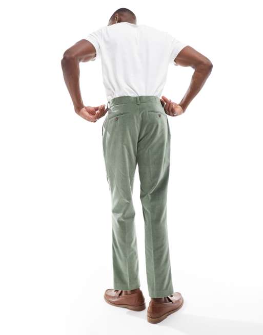 ASOS DESIGN - Pantaloni da abito slim in velluto di cotone verde salvia con pieghe sul davanti, 5 di 5