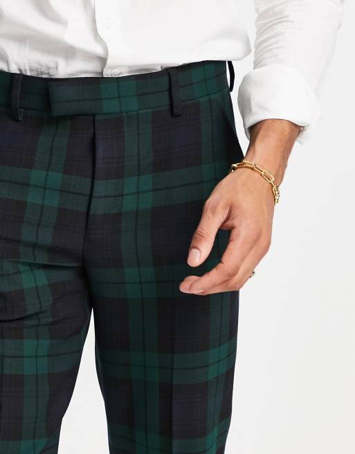 ASOS DESIGN - Pantaloni da abito slim verde scuro con motivo scozzese Blackwatch, 3 di 4