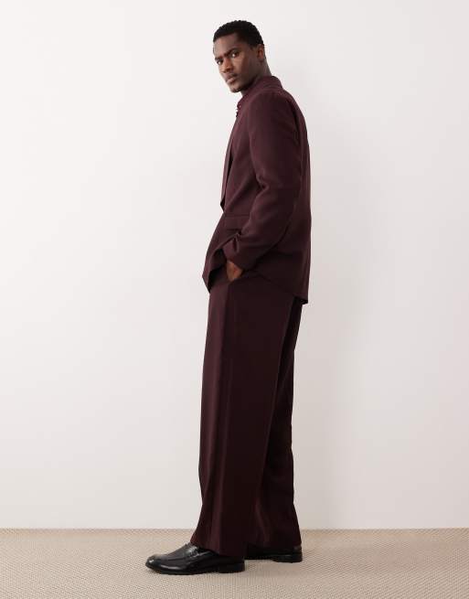 ASOS DESIGN - Pantaloni da abito stile smoking a fondo ampio bordeaux, 3 di 5