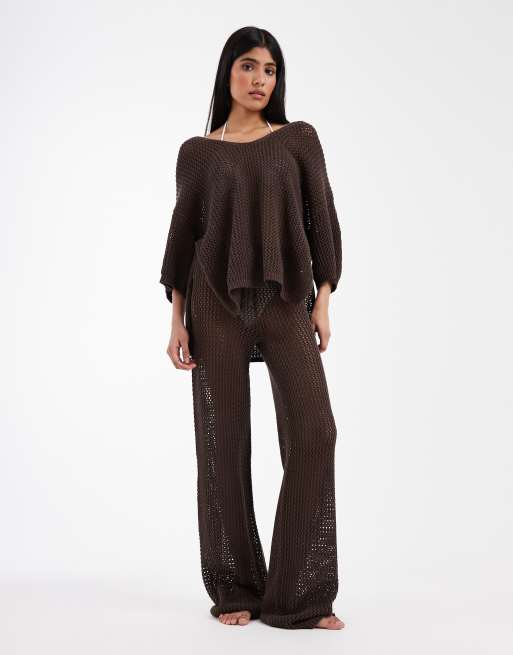 ASOS DESIGN - Pantaloni da mare in maglia color cioccolato in coordinato