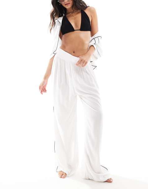 ASOS DESIGN - Pantaloni da spiaggia sinuosi morbidissimi a fondo ampio bianchi con profili a contrasto - view 1