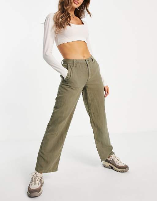 ASOS DESIGN - Pantaloni dad comodi a vita bassa in lino kaki slavato