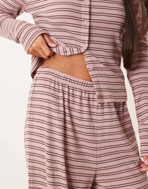 ASOS DESIGN - Pantaloni del pigiama con fondo ampio rosa e marroni a righe a coste, 3 di 4