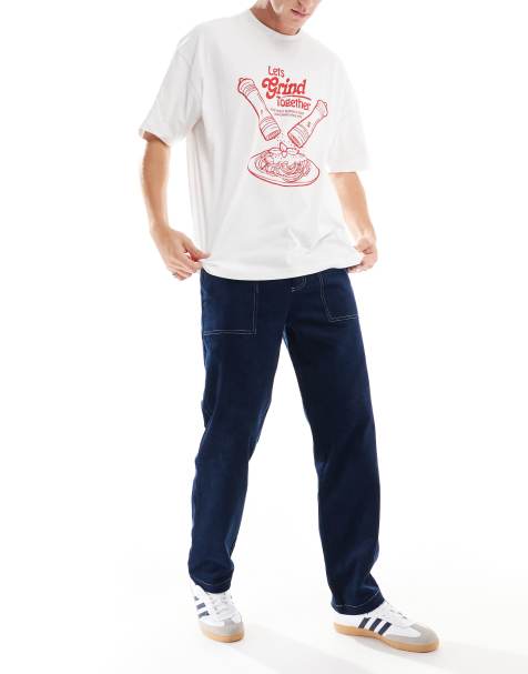 ASOS DESIGN - Pantaloni dritti blu navy in velluto a coste con cuciture a contrasto - view 1