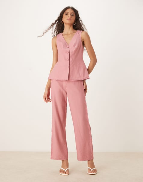 ASOS DESIGN - Pantaloni dritti comodi sartoriali rosa con inserto in pizzo in coordinato - view 1