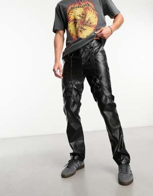 ASOS DESIGN straight leather look pants with harness detail in black  - ASOS Price Checker