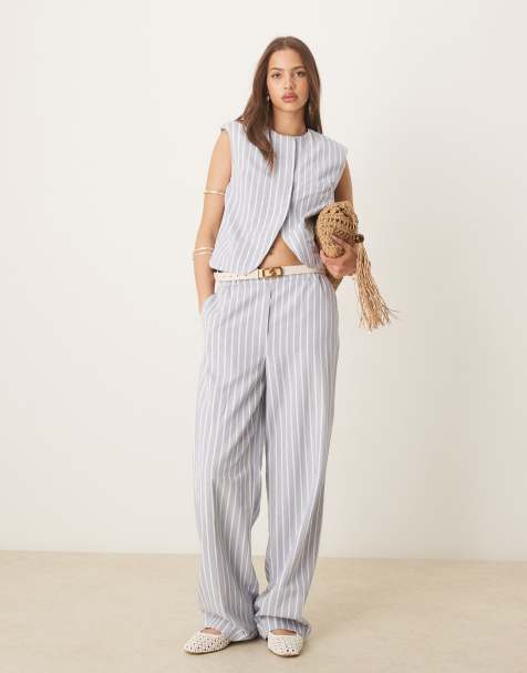 ASOS DESIGN - Pantaloni dritti sartoriali in misto lino blu a righe bianche in coordinato - view 1