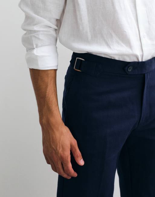 ASOS DESIGN - Pantaloni dritti sartoriali in misto lino blu navy con regolazione laterale e risvolti, 2 di 5