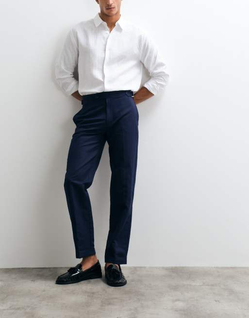 ASOS DESIGN - Pantaloni dritti sartoriali in misto lino blu navy con regolazione laterale e risvolti, 3 di 5