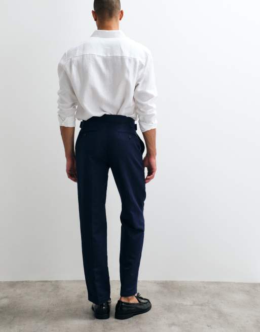 ASOS DESIGN - Pantaloni dritti sartoriali in misto lino blu navy con regolazione laterale e risvolti, 4 di 5