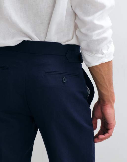 ASOS DESIGN - Pantaloni dritti sartoriali in misto lino blu navy con regolazione laterale e risvolti, 5 di 5