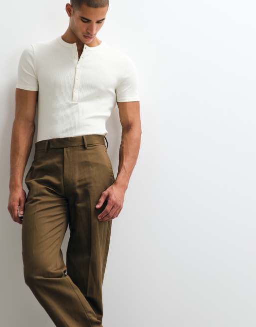 ASOS DESIGN - Pantaloni dritti sartoriali in misto lino marrone scuro , 2 di 5