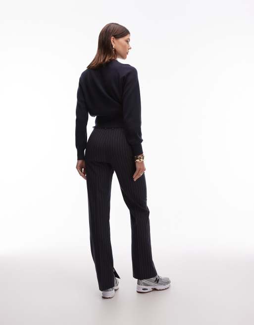 ASOS DESIGN - Pantaloni dritti slim sartoriali blu navy gessato con spacco, 5 di 5