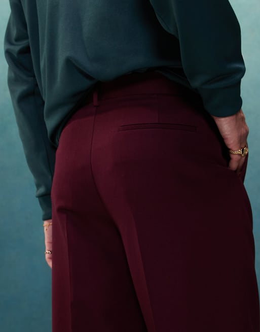 ASOS DESIGN - Pantaloni eleganti a fondo ampio bordeaux a pieghe sul davanti, 4 di 5