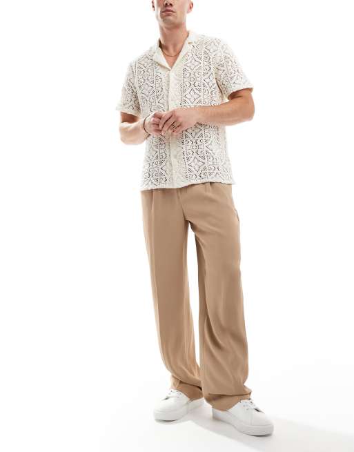 ASOS DESIGN - Pantaloni eleganti a fondo ampio color pietra con pieghe sul davanti