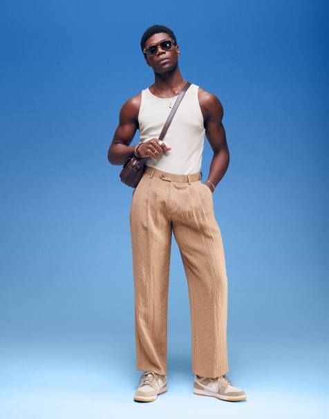 ASOS DESIGN - Pantaloni eleganti a fondo ampio effetto lino marrone chiaro con doppia piega - view 1