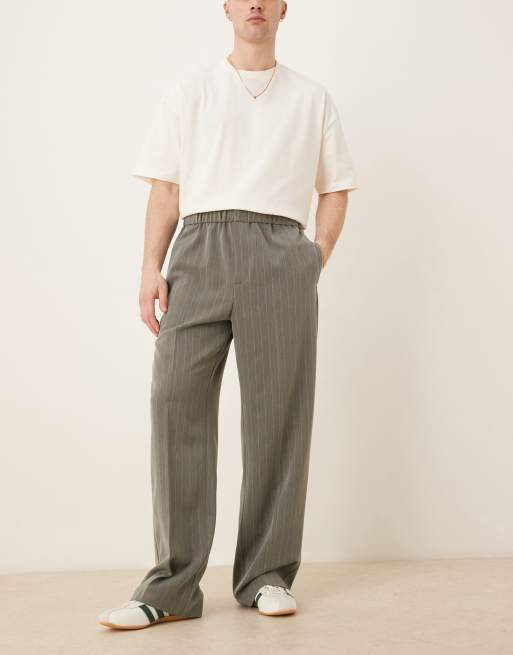 ASOS DESIGN pull on wide leg dress pants in gray pinstripes