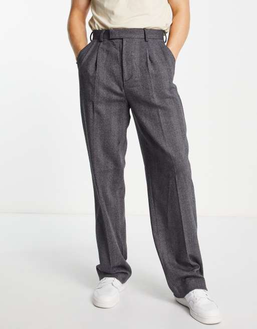 ASOS DESIGN - Pantaloni eleganti a fondo ampio in misto lana color antracite con motivo a spina di pesce