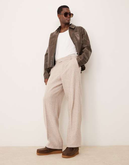 ASOS DESIGN - Pantaloni eleganti a fondo ampio in misto lana color pietra con motivo a spina di pesce