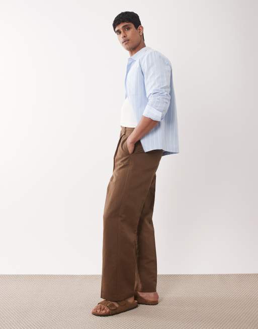 ASOS DESIGN - Pantaloni eleganti a fondo ampio in misto lino marrone scuro a pieghe, 3 di 5
