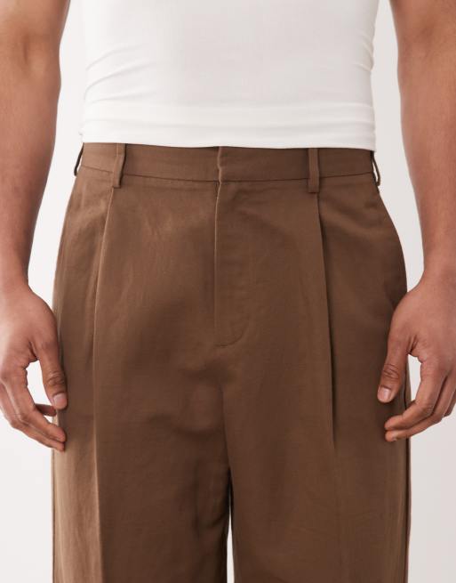 ASOS DESIGN - Pantaloni eleganti a fondo ampio in misto lino marrone scuro a pieghe, 4 di 5
