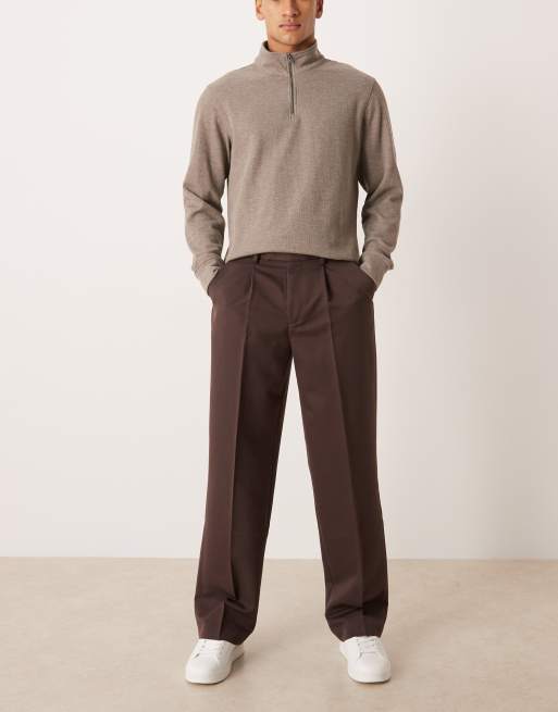 ASOS DESIGN - Pantaloni eleganti a fondo ampio marrone scuro con pieghe sul davanti, 2 di 5