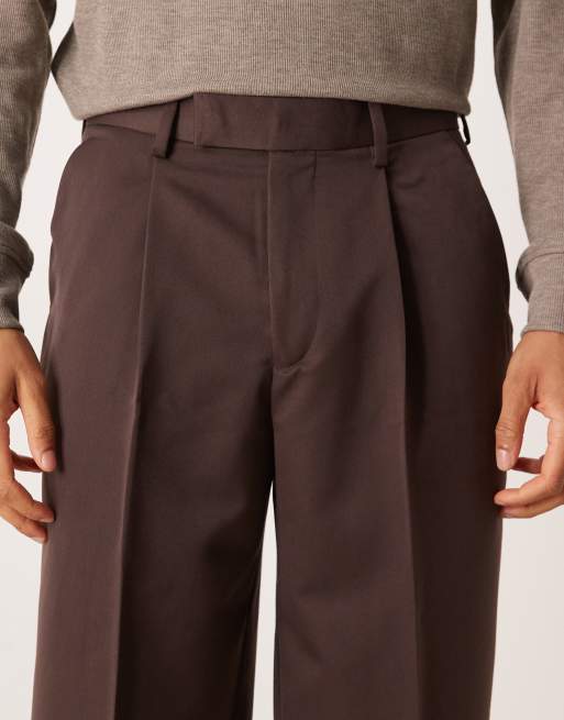 ASOS DESIGN - Pantaloni eleganti a fondo ampio marrone scuro con pieghe sul davanti, 4 di 5