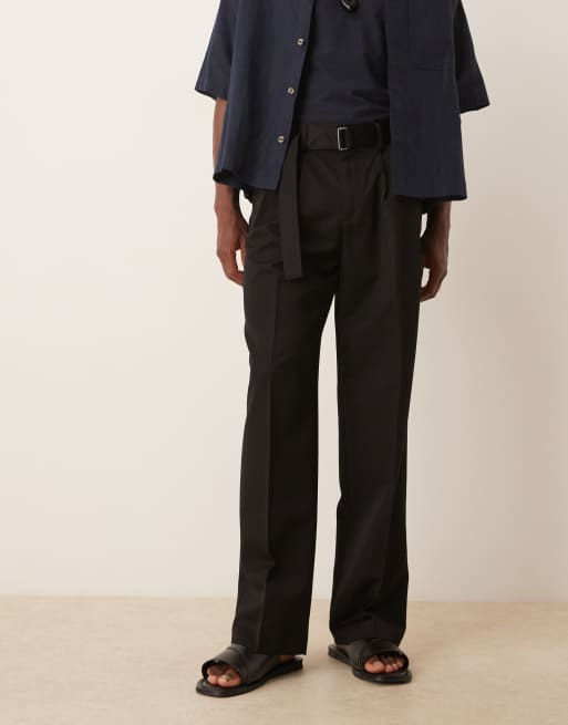 ASOS DESIGN - Pantaloni eleganti a fondo ampio neri con pieghe doppie e cintura, 2 di 5