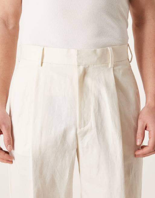 ASOS DESIGN - Pantaloni eleganti a pieghe in misto lino bianchi con fondo ampio, 4 di 5