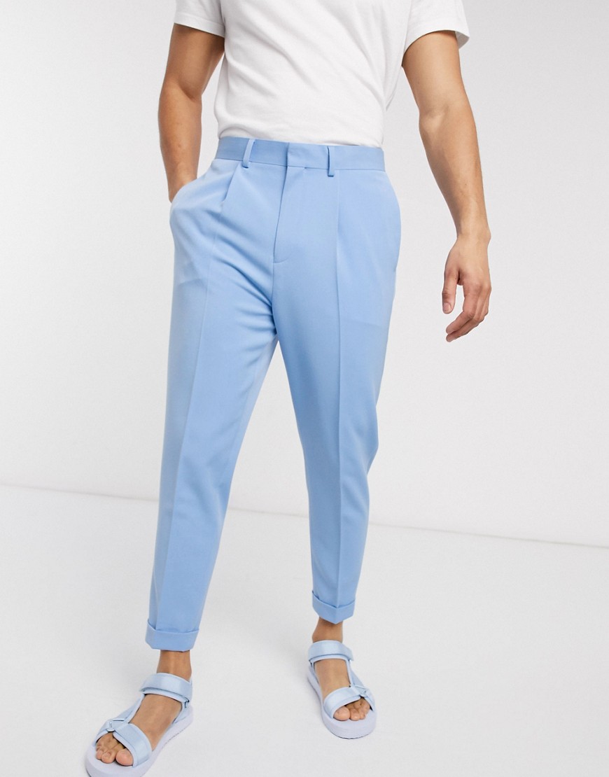 ASOS DESIGN - Pantaloni eleganti affusolati blu con piega e risvolto