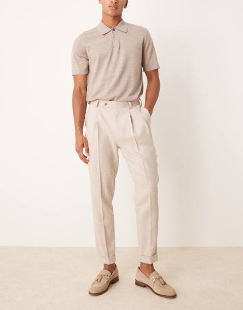ASOS DESIGN - Pantaloni eleganti affusolati di colore neutro testurizzati con pieghe sul davanti e risvolti - view 1