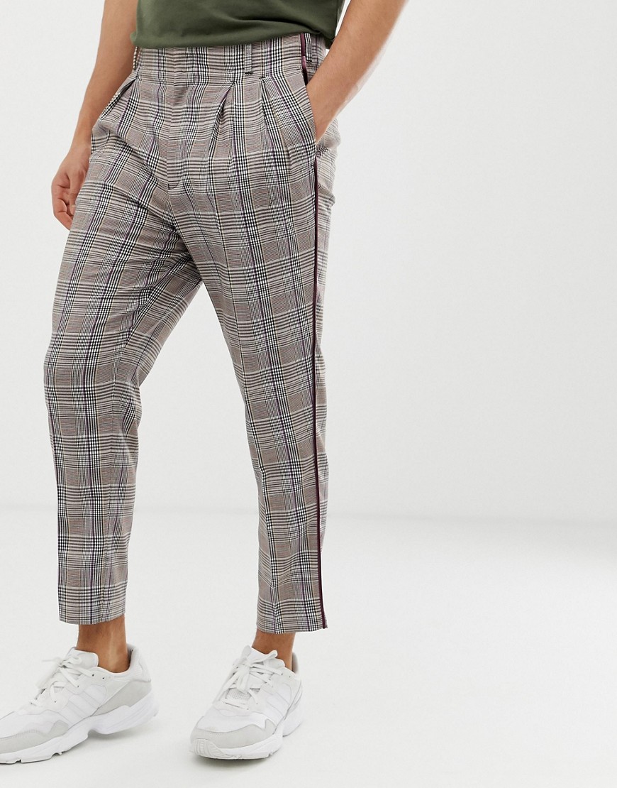 ASOS DESIGN - Pantaloni eleganti affusolati grigi a quadri con doppia piega-Grigio