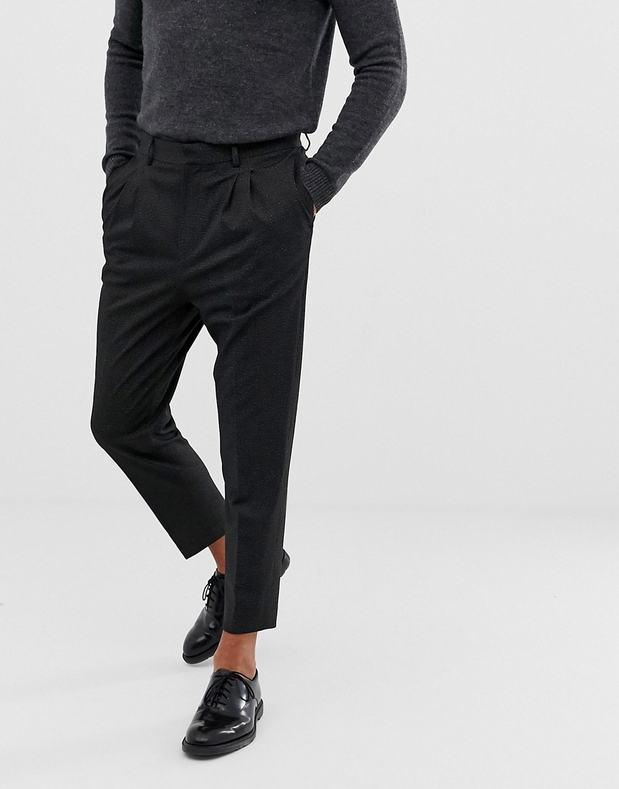 ASOS DESIGN - Pantaloni eleganti affusolati grigi con tratteggio incrociato e pieghe-Grigio