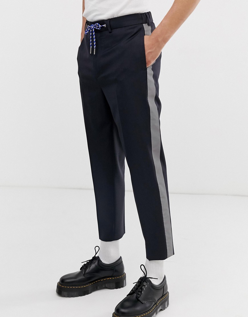 ASOS DESIGN - Pantaloni eleganti affusolati in 100% lana con fettucce tecniche laterali-Navy