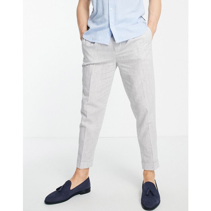 Pantaloni e chino Uomo DESIGN - Pantaloni eleganti affusolati in lino grigi a righe