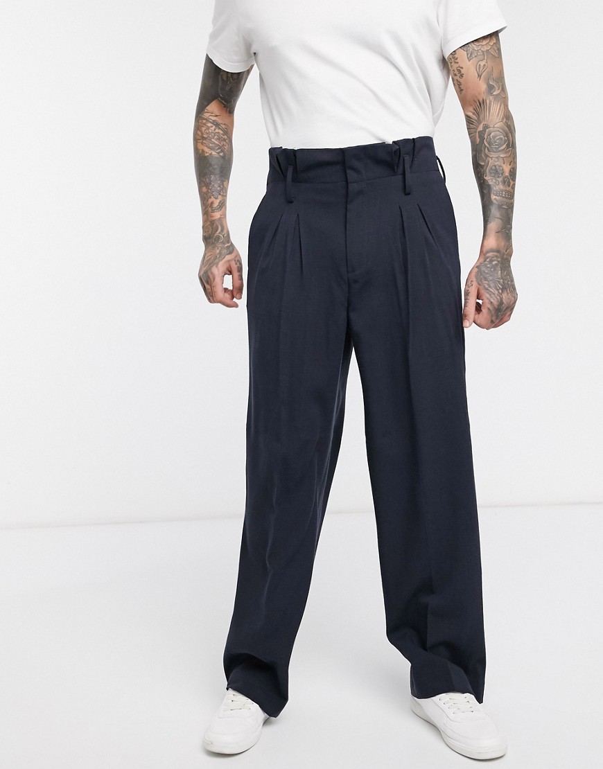 ASOS DESIGN - Pantaloni eleganti ampi con pieghe blu navy