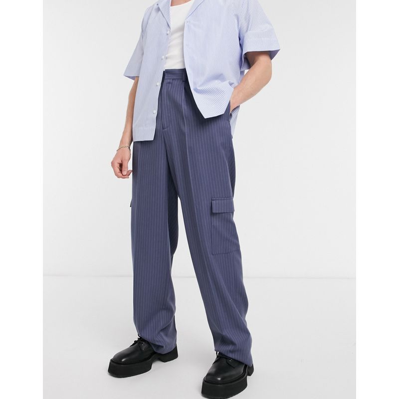 Uomo Pantaloni cargo DESIGN - Pantaloni eleganti con fondo ampio blu gessati con tasche cargo