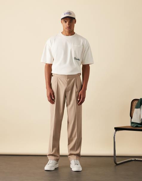 ASOS DESIGN - Pantaloni eleganti dritti effetto lino color pietra con cinturini regolabili sui lati e pieghe sul davanti - view 1