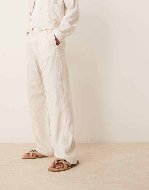 ASOS DESIGN - Pantaloni eleganti dritti in misto lino color pietra gessati in coordinato