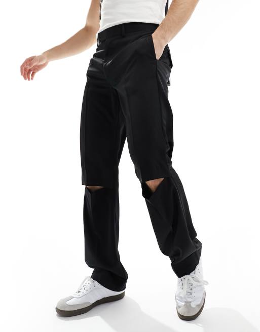 ASOS DESIGN - Pantaloni eleganti dritti in raso neri con tagli sulle ginocchia