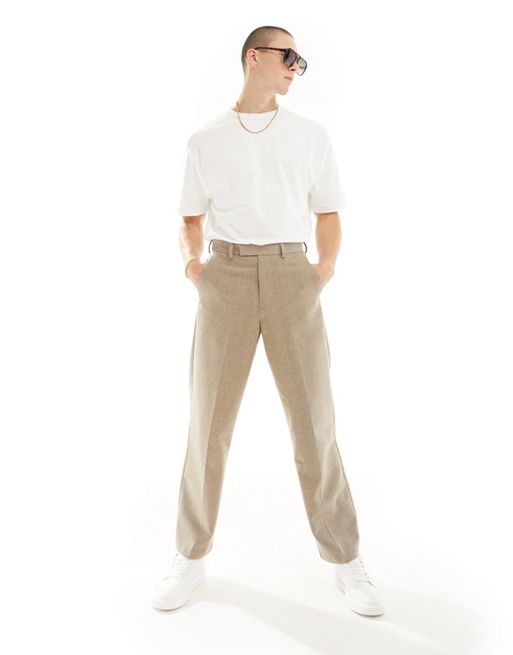 CerbeShops DESIGN - Pantaloni eleganti in misto lana a fondo ampio marroni con motivo a spina di pesce