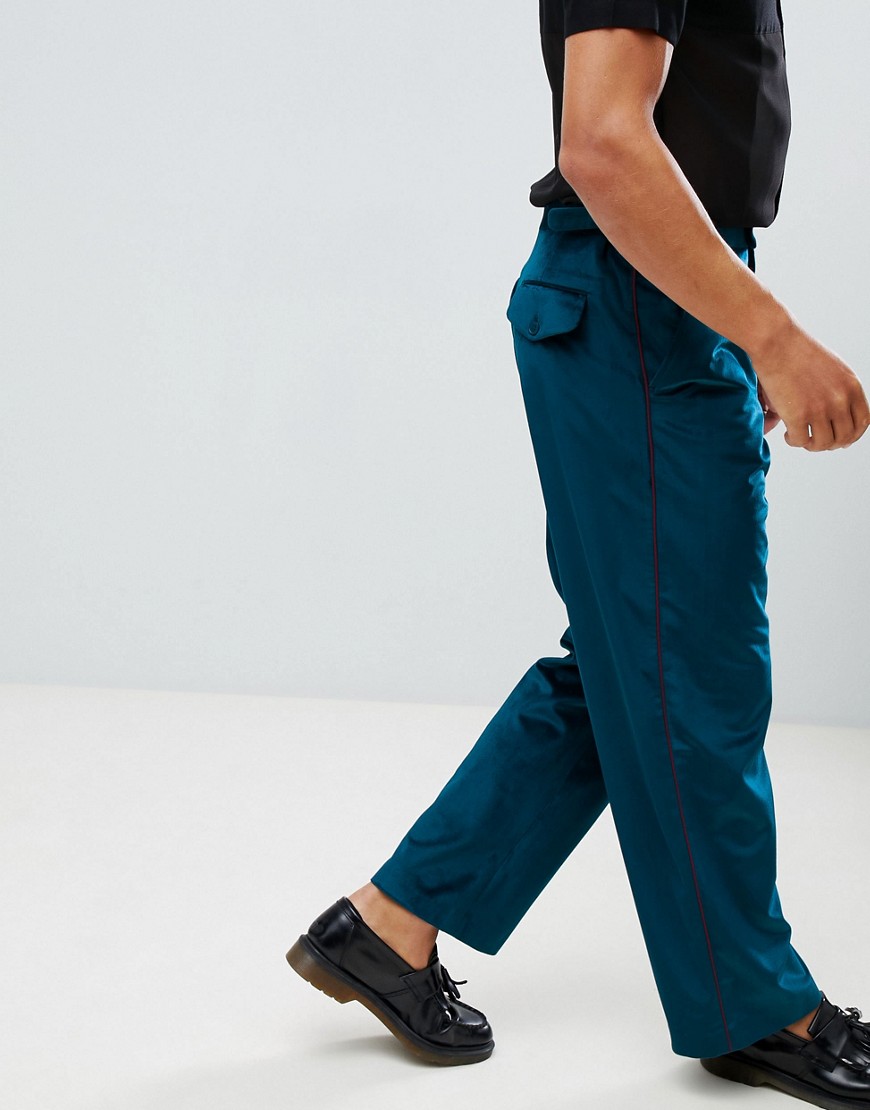 ASOS DESIGN - Pantaloni eleganti in velluto con fondo ampio e riga laterale-Blu