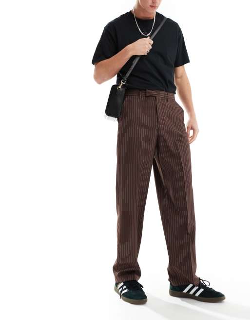 ASOS DESIGN - Pantaloni eleganti marrone cioccolato gessato a fondo ampio, 3 di 5