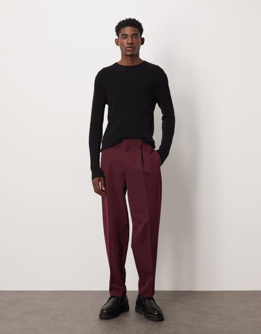 ASOS DESIGN - Pantaloni eleganti oversize affusolati con pieghe ed elastico in vita bordeaux, 2 di 5