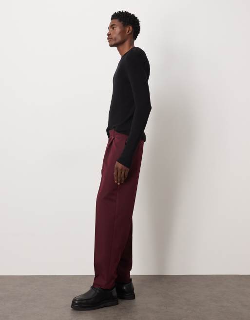 ASOS DESIGN - Pantaloni eleganti oversize affusolati con pieghe ed elastico in vita bordeaux, 3 di 5