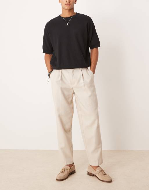 ASOS DESIGN - Pantaloni eleganti oversize affusolati con pieghe in misto lana color pietra a spina di pesce